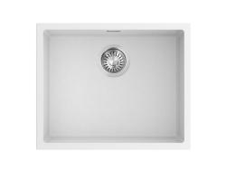 Pure.Sink Eternal Quartz hvid vask 50x40 cm til indbygning i bordplade og undermontering med automatisk prop i rustfrit stål