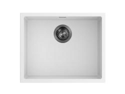 Pure.Sink Eternal Quartz hvid vask 50x40 cm til indbygning i bordplade og undermontering med automatisk prop i gunmetal