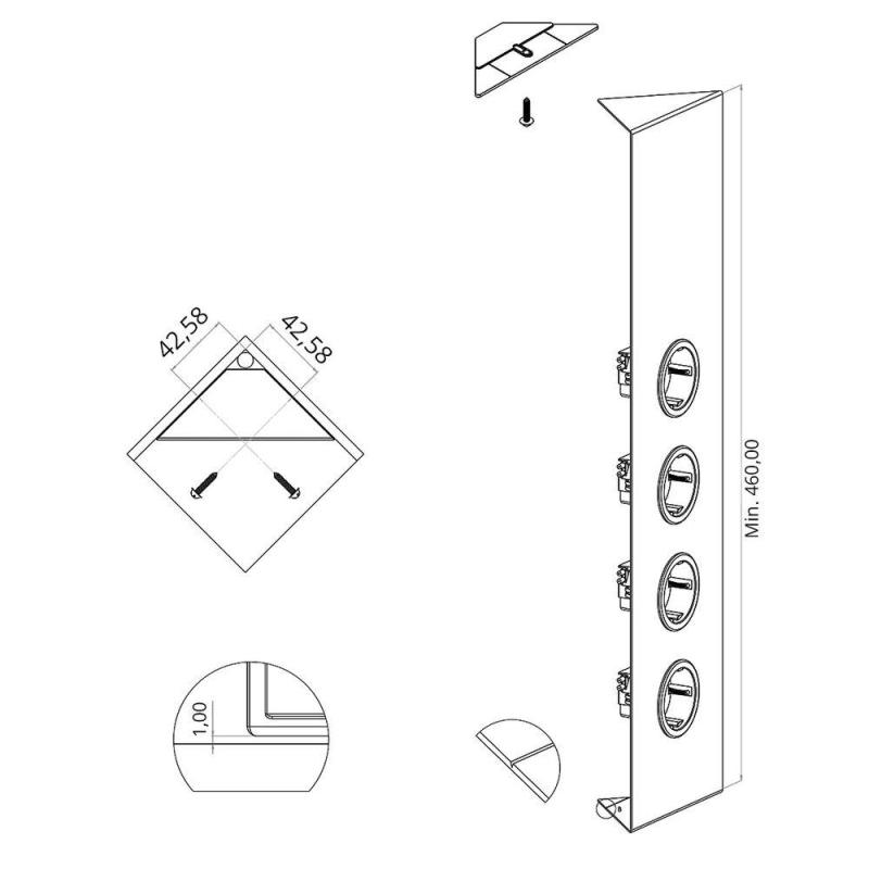 Indux Corner Еnergiezuil med 4 stikkontakter Randaarde RVS 756